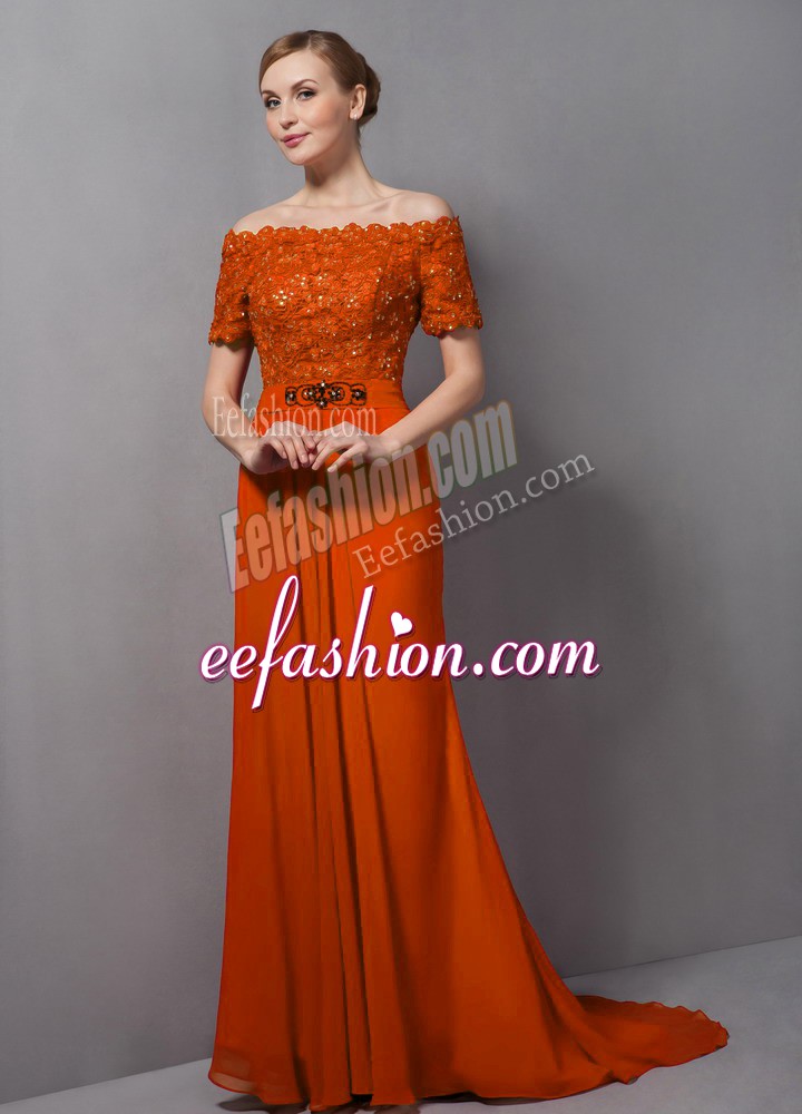  Orange Off The Shoulder Neckline Lace Mother Of The Bride Dress Short Sleeves Zipper