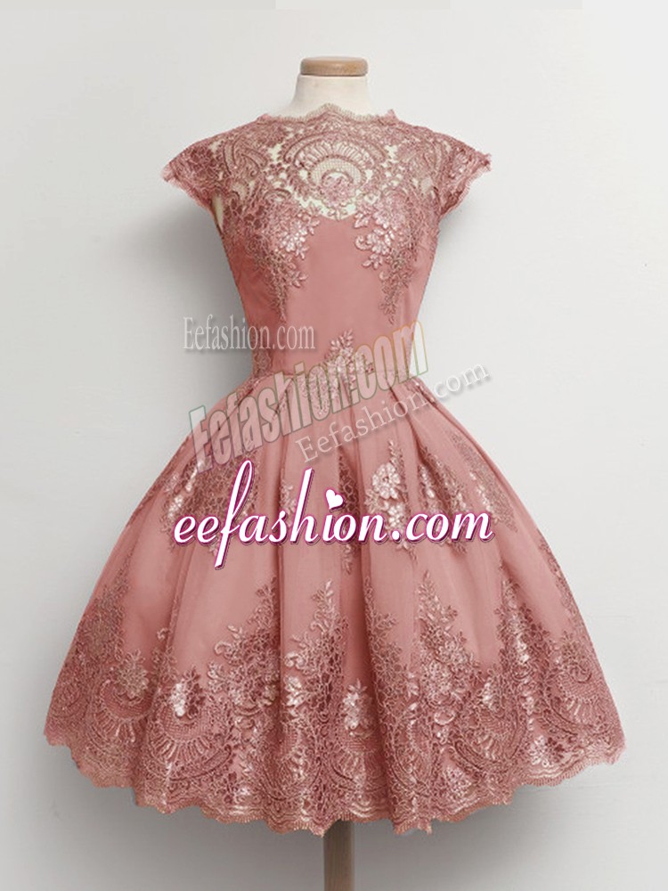 Charming Pink Cap Sleeves Tulle Lace Up Quinceanera Court Dresses for Prom and Party and Wedding Party