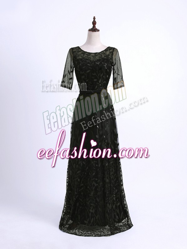 Pretty Half Sleeves Lace Floor Length Lace Up Mother Of The Bride Dress in Black with Lace and Appliques