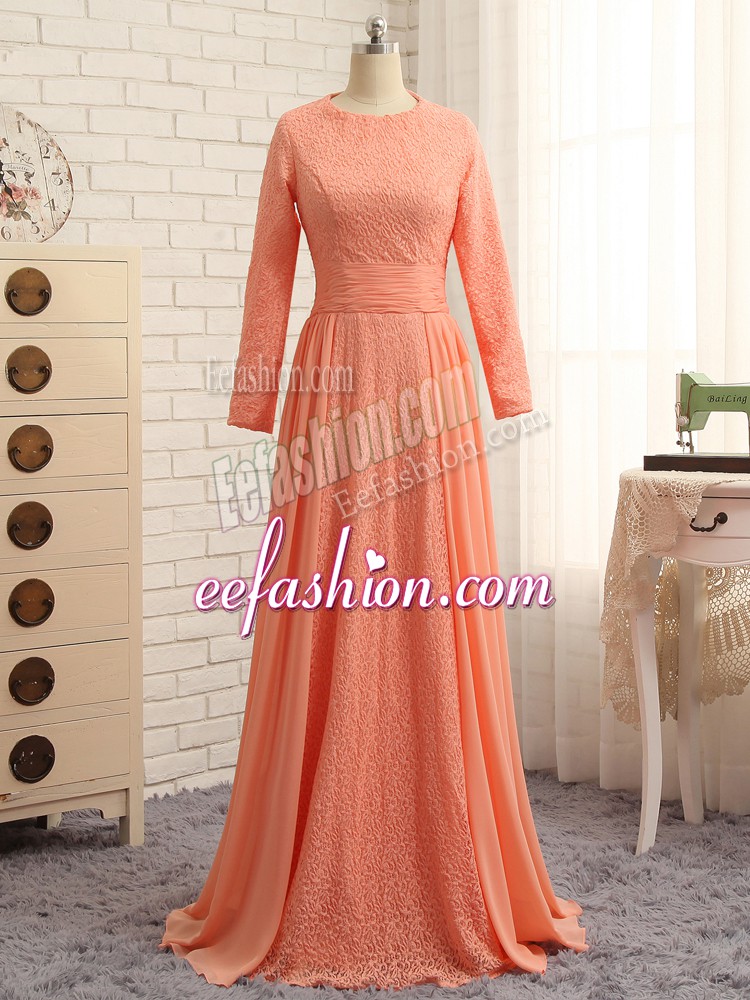  Long Sleeves Floor Length Lace Zipper Mother Of The Bride Dress with Orange