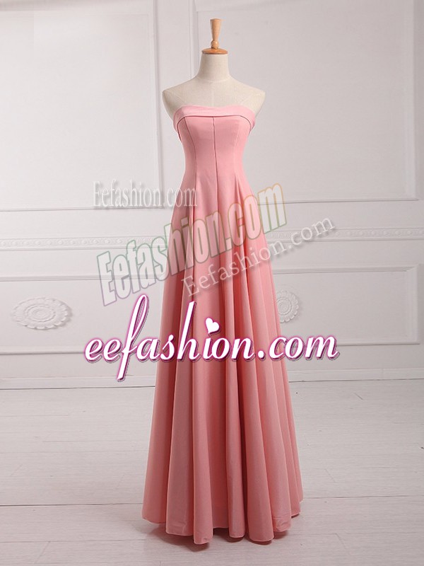  Empire Wedding Party Dress Watermelon Red Strapless Chiffon Sleeveless Floor Length Lace Up