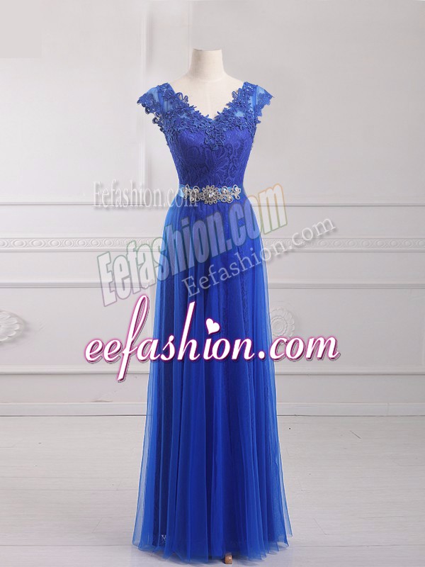  Royal Blue Empire Beading and Lace and Appliques and Belt Teens Party Dress Lace Up Tulle Short Sleeves Floor Length