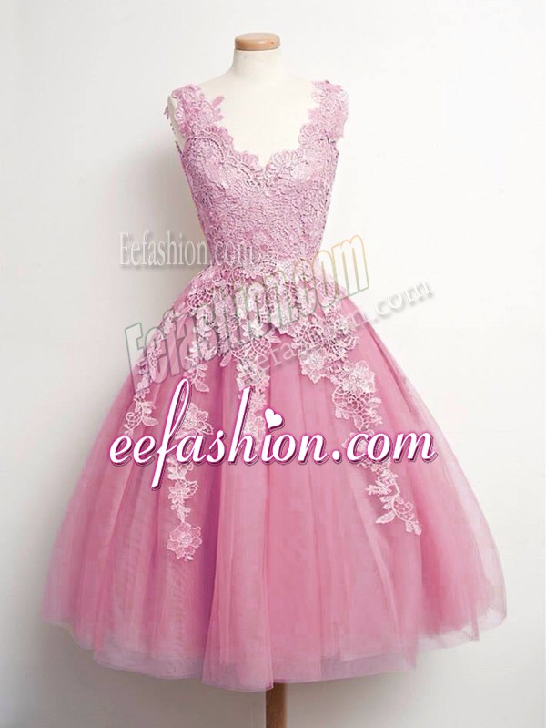 Enchanting V-neck Sleeveless Bridesmaid Dress Knee Length Lace Pink Tulle