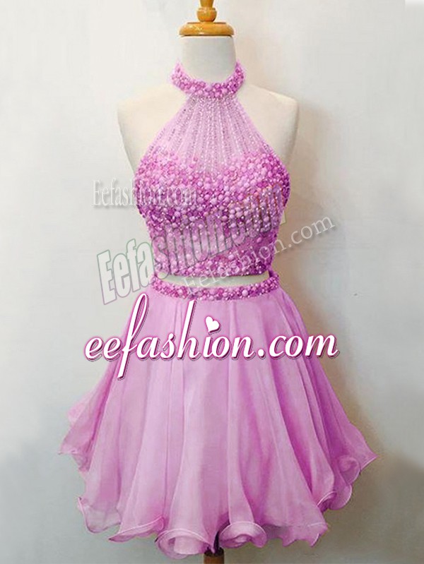 Gorgeous Lilac Organza Lace Up Quinceanera Court Dresses Sleeveless Knee Length Beading