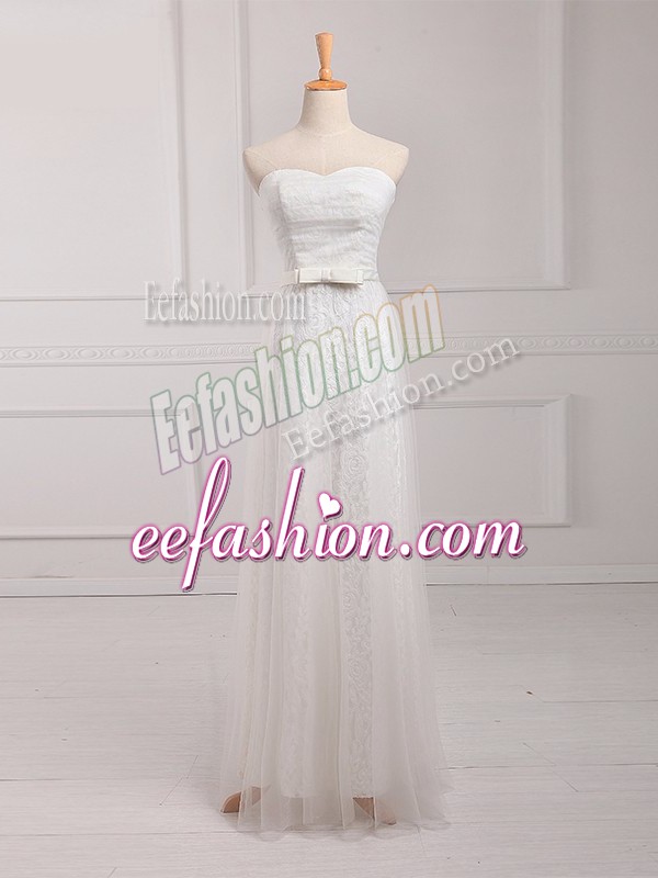 Fancy White Tulle and Lace Lace Up Bridesmaid Gown Sleeveless Floor Length Belt