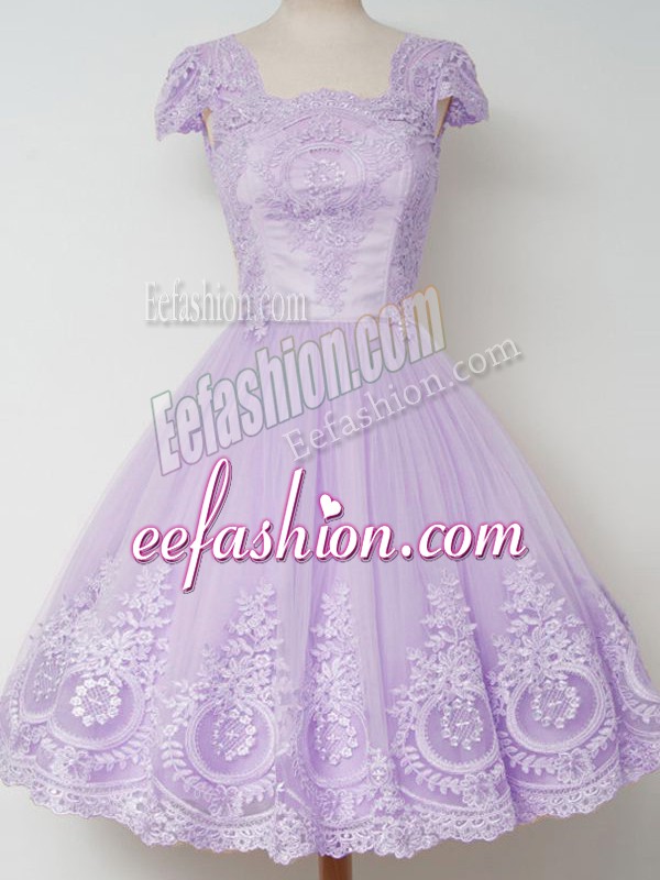  A-line Dama Dress for Quinceanera Lavender Square Tulle Cap Sleeves Knee Length Zipper