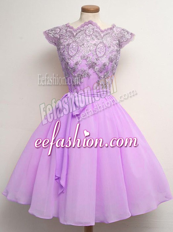  Cap Sleeves Chiffon Knee Length Lace Up Quinceanera Dama Dress in Lilac with Lace and Belt
