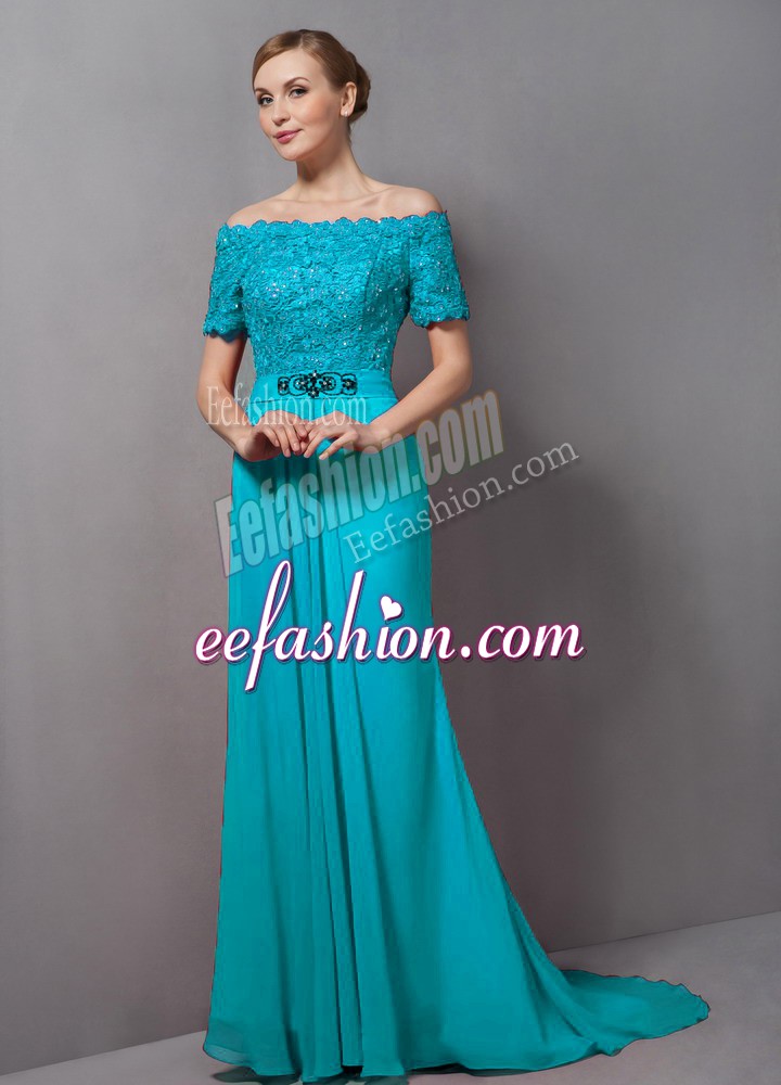 Attractive Chiffon Short Sleeves Mother Of The Bride Dress Sweep Train and Lace