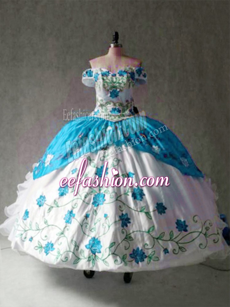 Best Selling Blue And White Ball Gowns Off The Shoulder Cap Sleeves Organza and Taffeta Floor Length Lace Up Embroidery and Ruffles Vestidos de Quinceanera