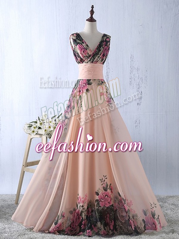  Floor Length Lace Up Prom Dresses Peach for Prom and Party and Wedding Party with Ruching