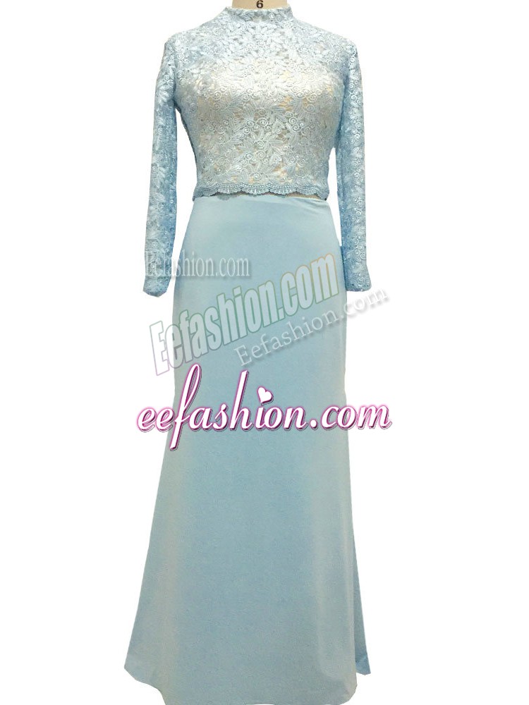  Chiffon High-neck Long Sleeves Side Zipper Lace Mother Of The Bride Dress in Light Blue