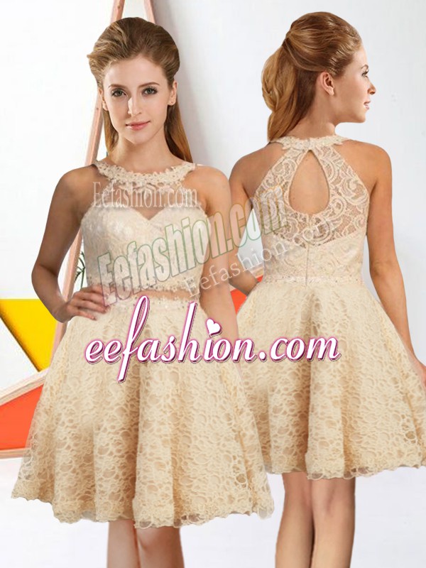  Lace Halter Top Sleeveless Zipper Lace Bridesmaid Gown in Champagne