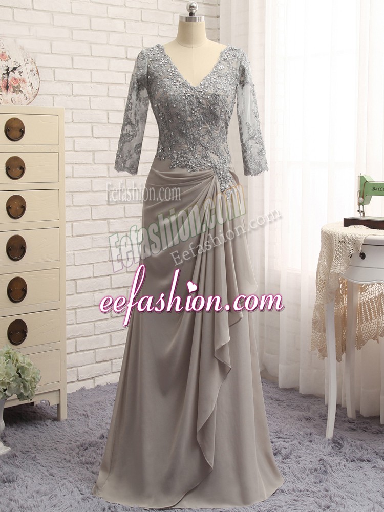 V-neck Long Sleeves Chiffon Mother Of The Bride Dress Lace and Appliques Zipper