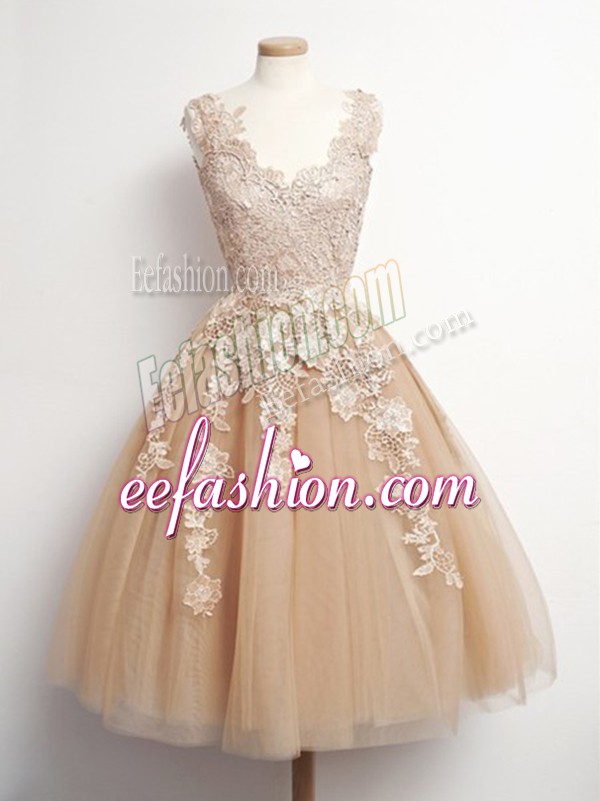 Stylish A-line Wedding Guest Dresses Brown V-neck Tulle Sleeveless Knee Length Lace Up