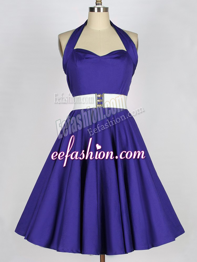 Colorful Purple Lace Up Halter Top Ruching Damas Dress Taffeta Sleeveless