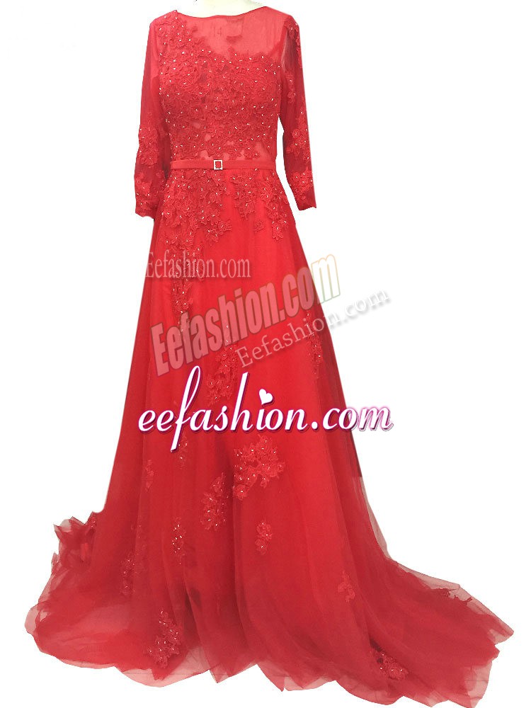 Latest Long Sleeves Tulle Brush Train Zipper Prom Gown in Red with Lace and Appliques and Belt