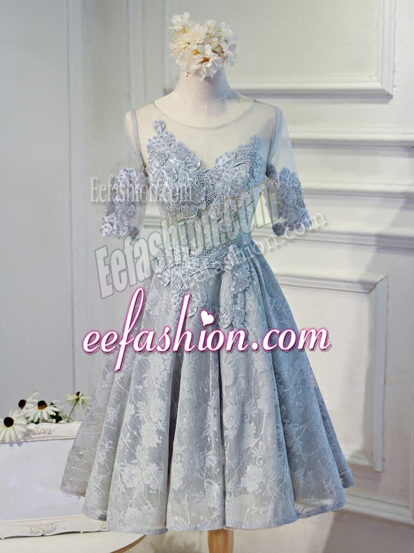Chic Grey A-line Lace and Appliques Prom Dress Lace Up Organza Half Sleeves Knee Length