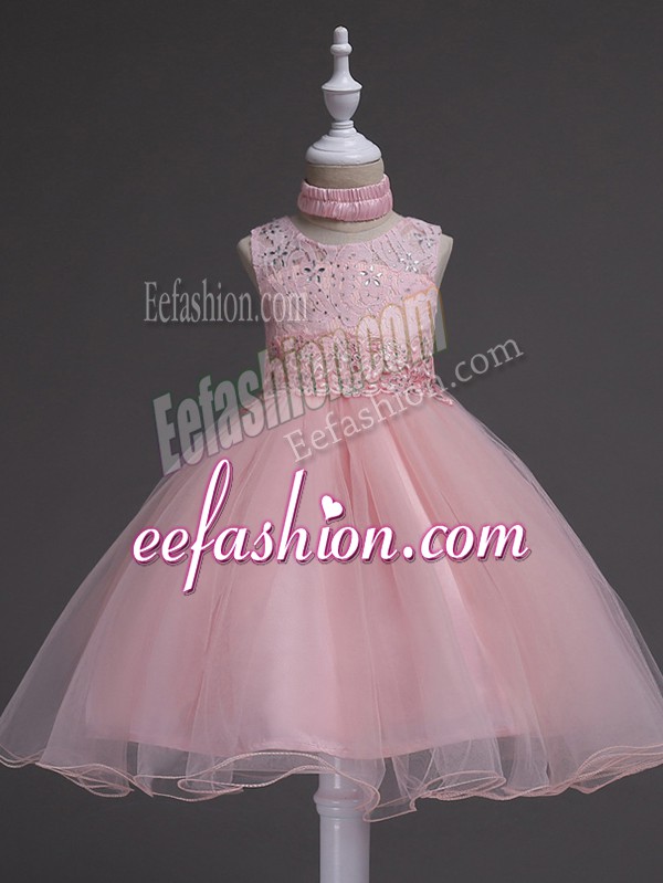  Ball Gowns Flower Girl Dress Baby Pink Scoop Organza Sleeveless Knee Length Zipper
