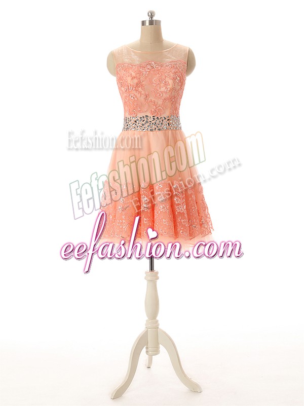  Peach Tulle Zipper Prom Party Dress Sleeveless Mini Length Beading and Lace and Appliques