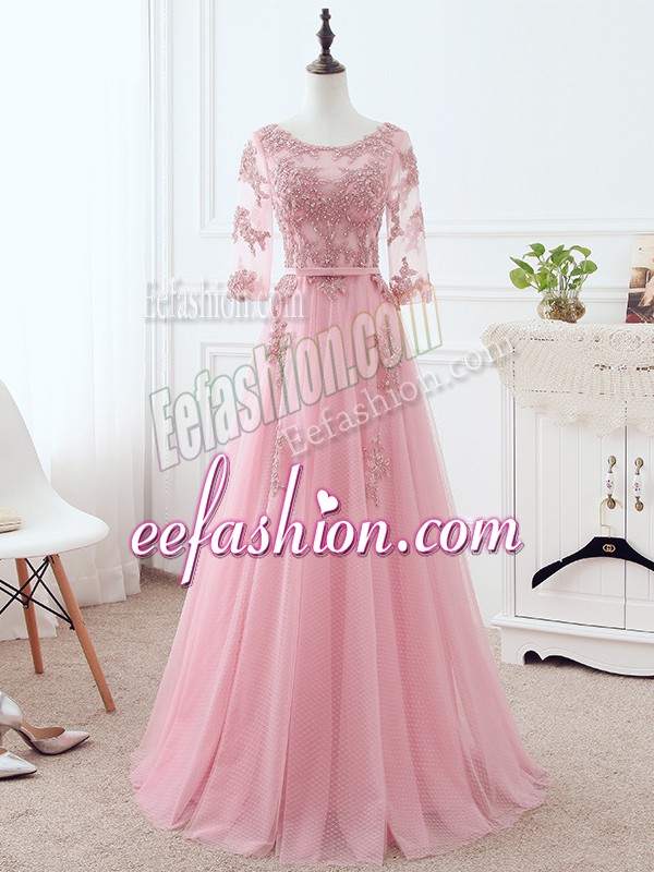  Pink Mother Of The Bride Dress Prom and Military Ball and Sweet 16 with Lace and Appliques and Belt Scoop 3 4 Length Sleeve Lace Up