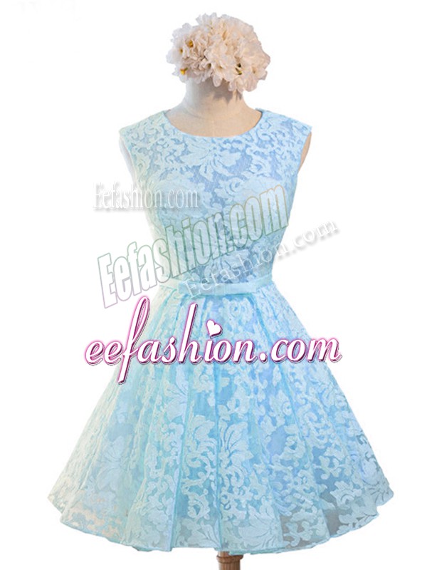 Admirable Belt Bridesmaid Gown Light Blue Lace Up Sleeveless Knee Length