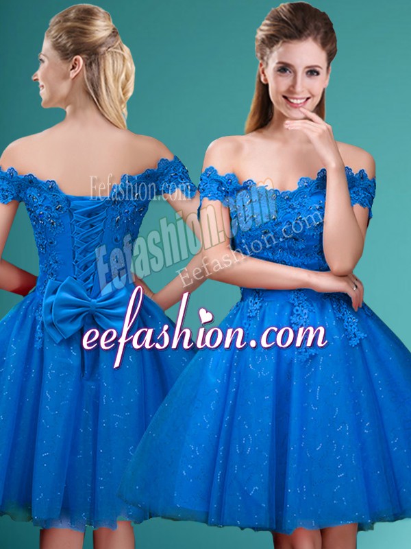 Blue Sleeveless Knee Length Lace and Belt Lace Up Quinceanera Dama Dress
