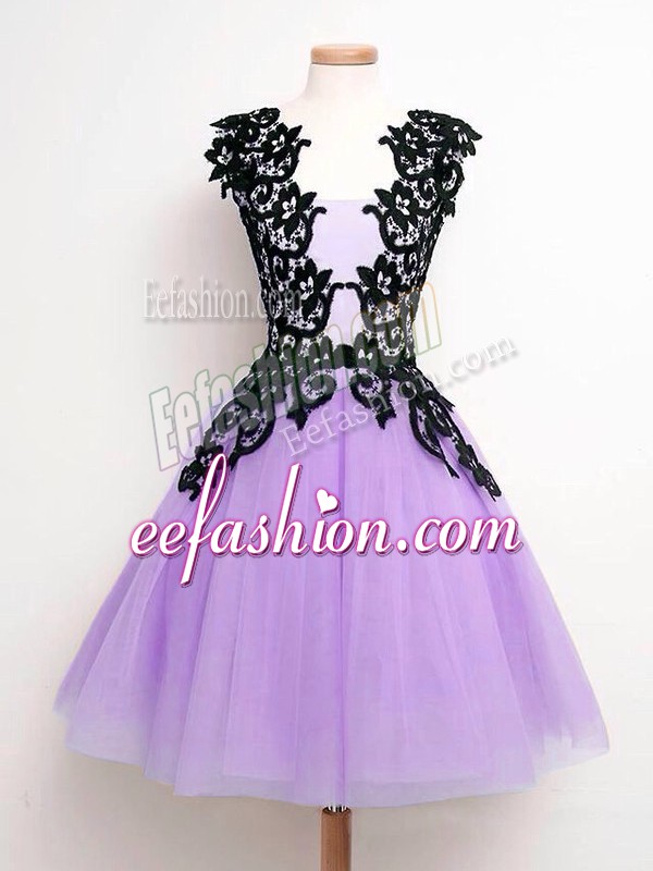 Superior Lavender A-line Lace Wedding Guest Dresses Lace Up Tulle Sleeveless Knee Length