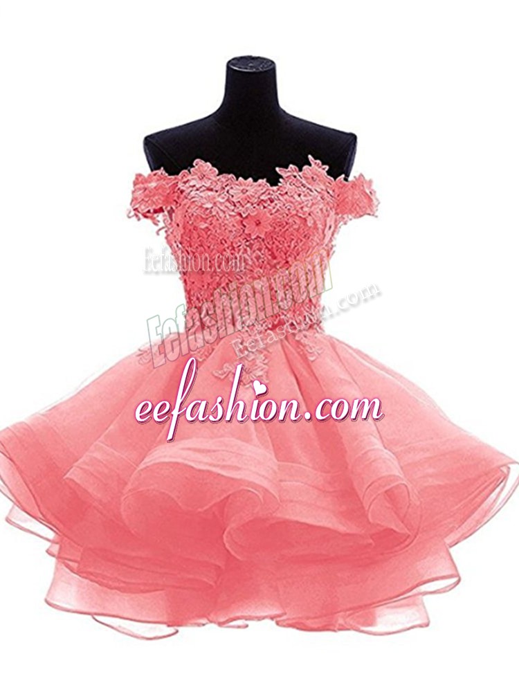 Pretty Watermelon Red A-line Off The Shoulder Sleeveless Organza Mini Length Zipper Beading and Lace and Appliques Cocktail Dresses