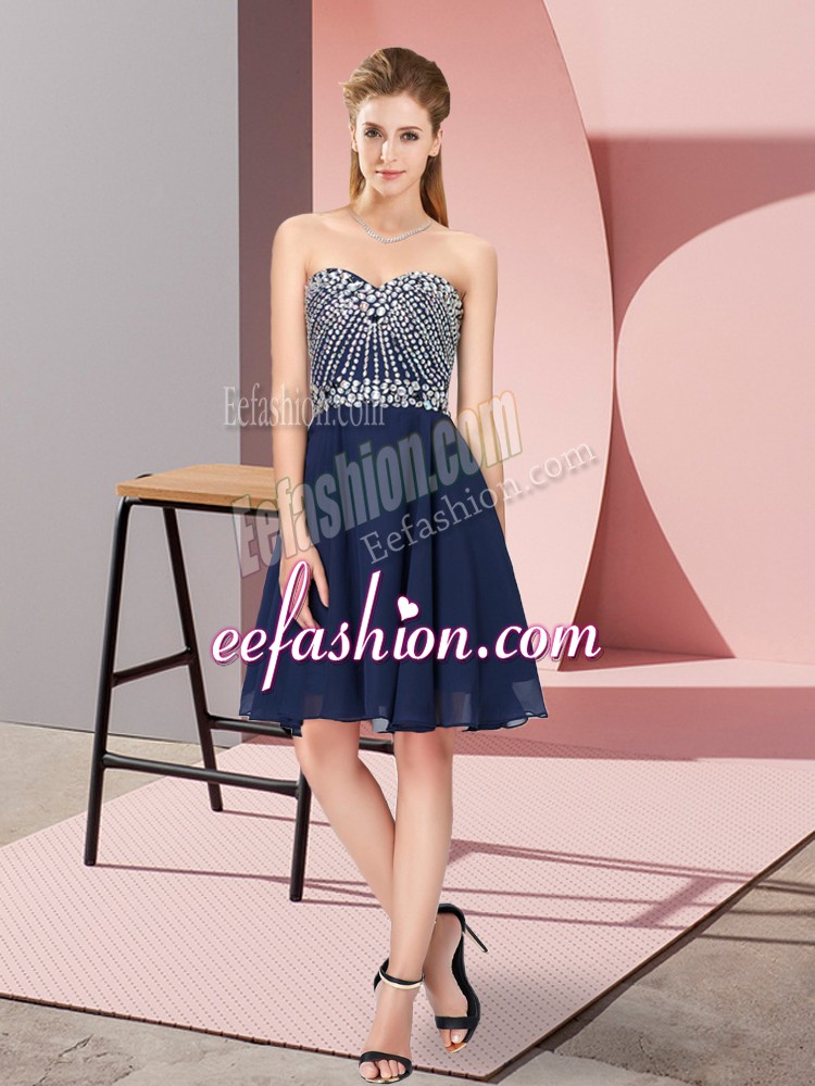 Perfect Sleeveless Knee Length Beading Lace Up Prom Dress with Navy Blue