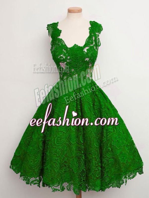  Knee Length Green Quinceanera Court of Honor Dress Lace Sleeveless Lace