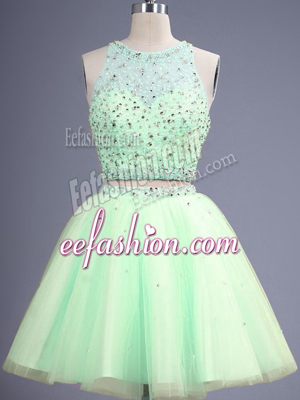 Sumptuous Yellow Green Two Pieces Tulle Scoop Sleeveless Beading Knee Length Lace Up Quinceanera Dama Dress