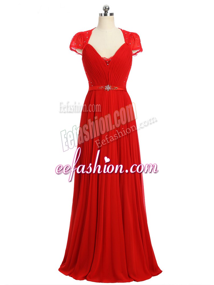 On Sale Red Short Sleeves Floor Length Beading and Ruching and Belt Zipper Prom Gown