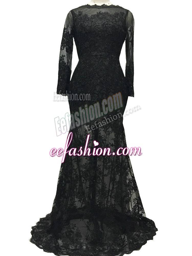 Fantastic Long Sleeves Lace Brush Train Backless Mother Of The Bride Dress in Black with Lace and Belt