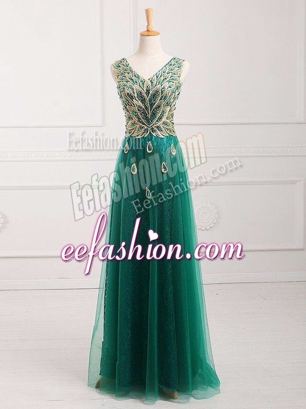 Fitting Dark Green Empire V-neck Sleeveless Tulle Floor Length Zipper Lace Prom Evening Gown