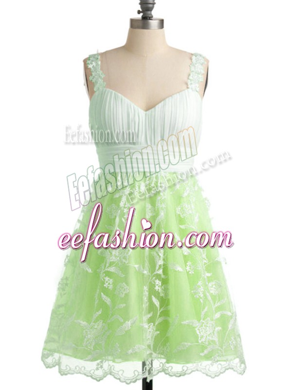 Dramatic Straps Sleeveless Dama Dress for Quinceanera Knee Length Lace Yellow Green Lace