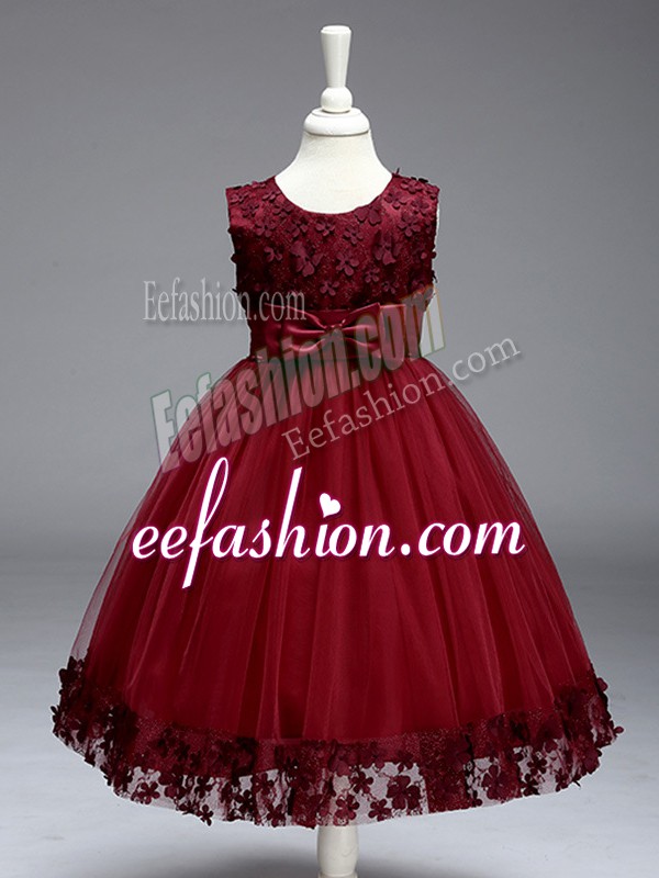 Most Popular Burgundy Ball Gowns Tulle Scoop Sleeveless Appliques and Bowknot Tea Length Zipper Girls Pageant Dresses