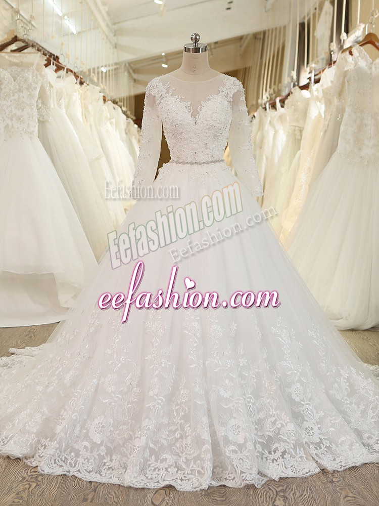 Glittering Scoop Long Sleeves Tulle Bridal Gown Beading and Lace and Appliques Chapel Train Zipper