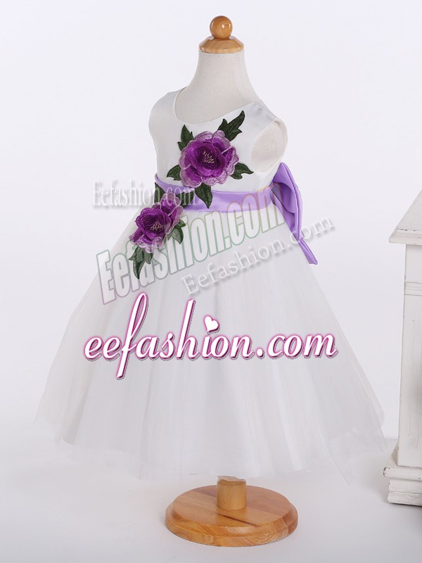 Glorious Knee Length Zipper Little Girls Pageant Gowns White for Wedding Party with Bowknot and Hand Made Flower