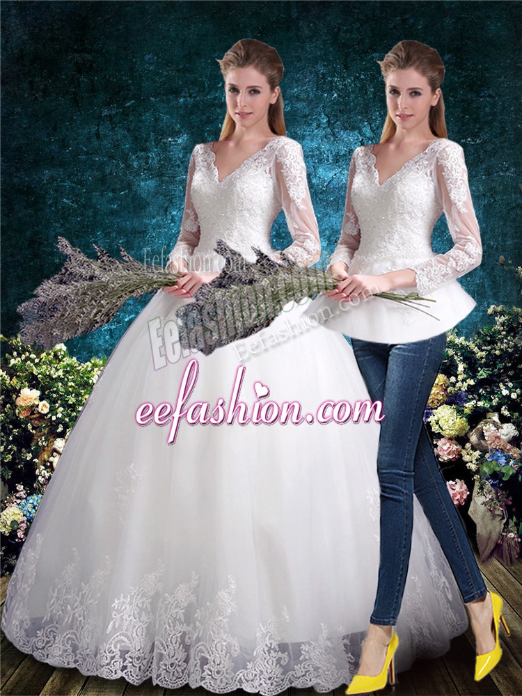  Floor Length White Wedding Gown V-neck Long Sleeves Lace Up