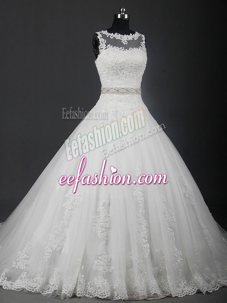 Customized Sleeveless Lace and Belt Lace Up Wedding Gowns with White Brush Train