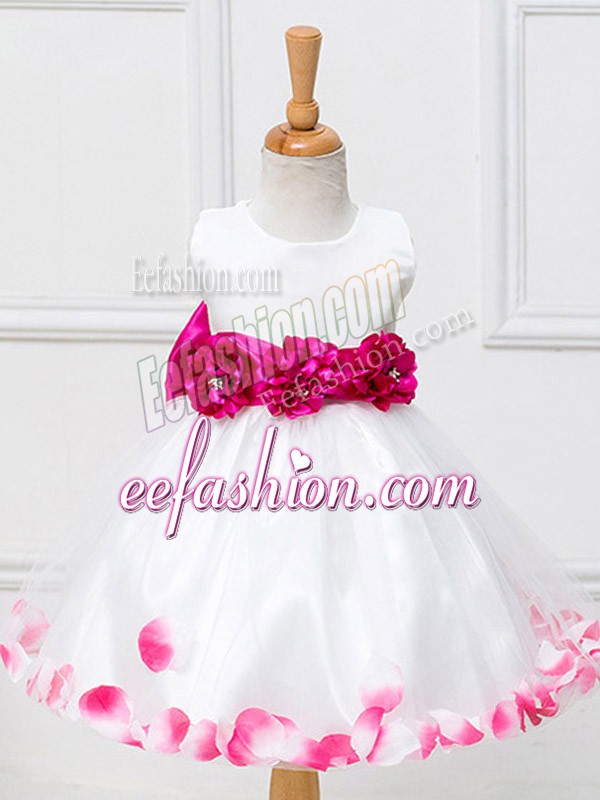  Tulle Sleeveless Knee Length Flower Girl Dresses and Appliques and Hand Made Flower