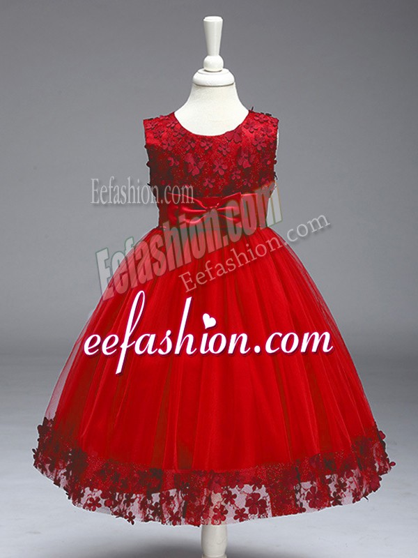 On Sale Red Scoop Neckline Appliques and Bowknot Pageant Gowns For Girls Sleeveless Zipper