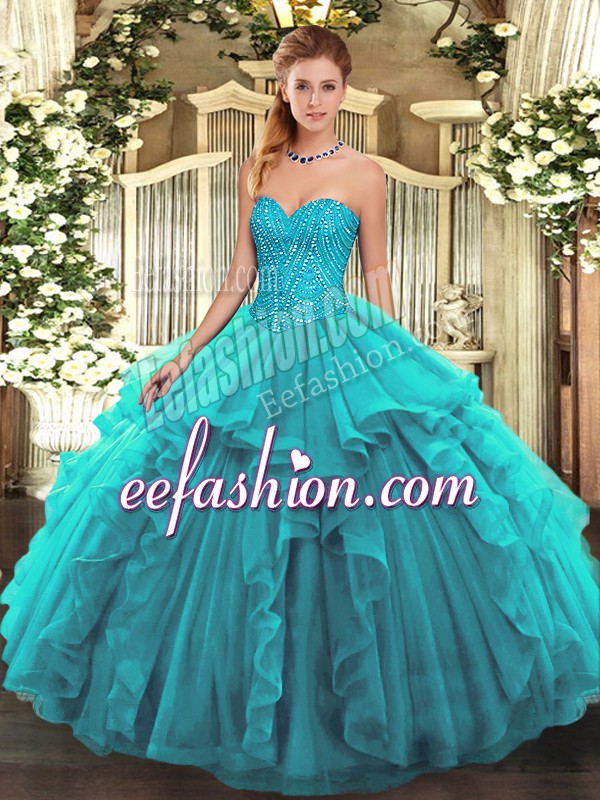 Luxurious Ball Gowns Quinceanera Dress Teal Sweetheart Tulle Sleeveless Floor Length Lace Up