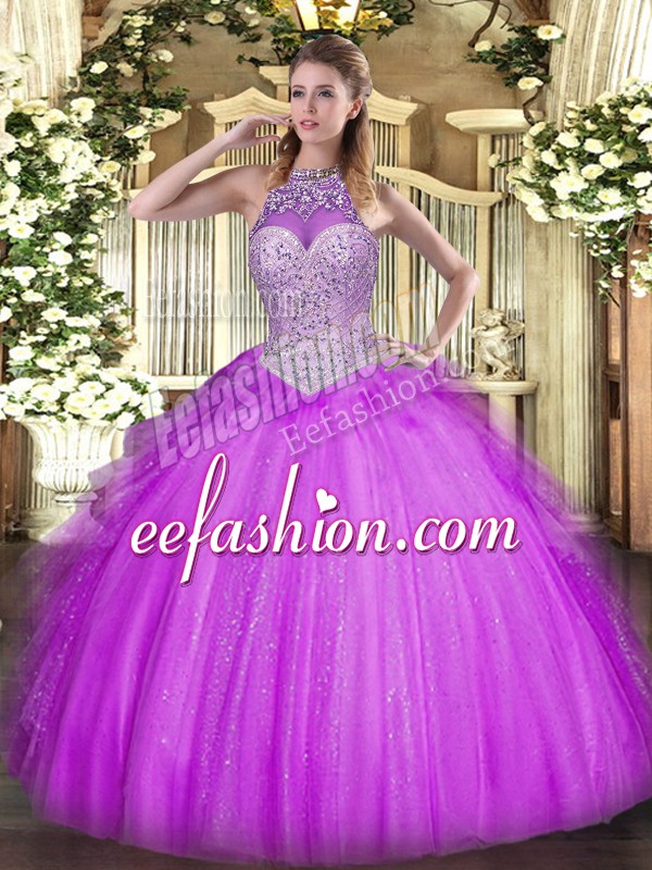 Customized Halter Top Sleeveless Tulle Vestidos de Quinceanera Beading and Ruffles Lace Up