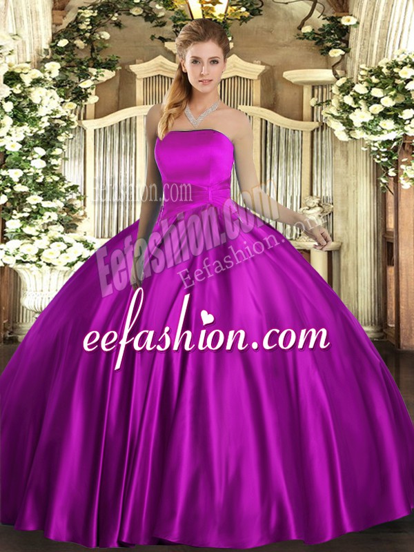  Strapless Sleeveless Lace Up Sweet 16 Dresses Fuchsia Satin