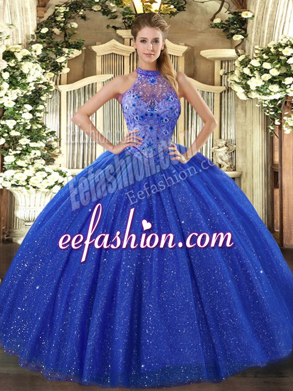 Captivating Royal Blue Halter Top Neckline Beading and Embroidery Quinceanera Gown Sleeveless Lace Up
