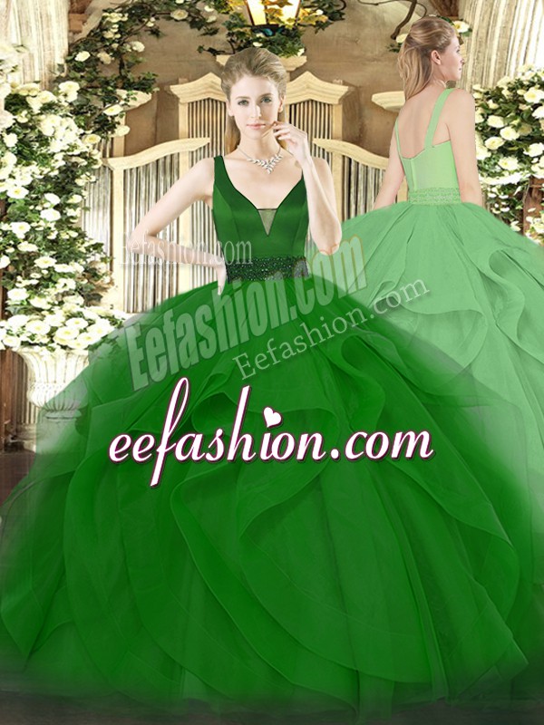 Hot Selling Sleeveless Tulle Floor Length Zipper Sweet 16 Dress in Dark Green with Beading and Ruffles
