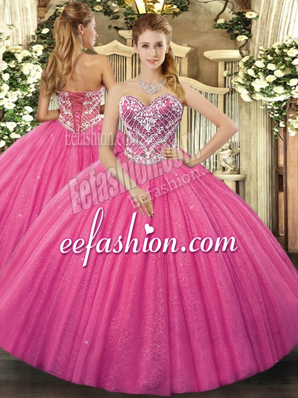  Beading Quinceanera Dress Hot Pink Lace Up Sleeveless Floor Length