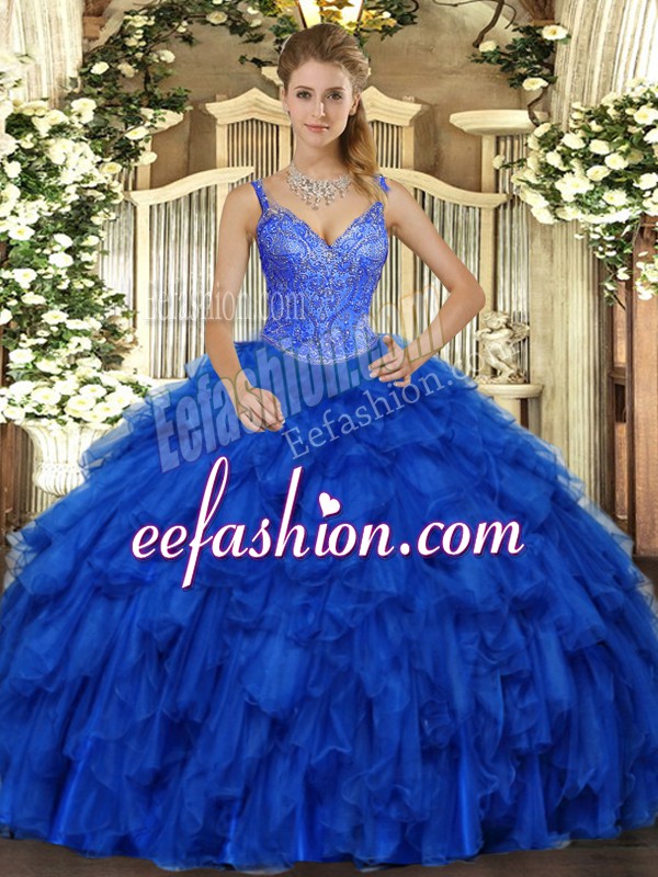 Cute Royal Blue Ball Gowns Organza V-neck Sleeveless Beading and Ruffles Floor Length Lace Up Quinceanera Gowns