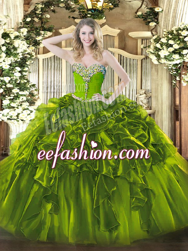  Ball Gowns Quince Ball Gowns Olive Green Sweetheart Organza Sleeveless Floor Length Lace Up